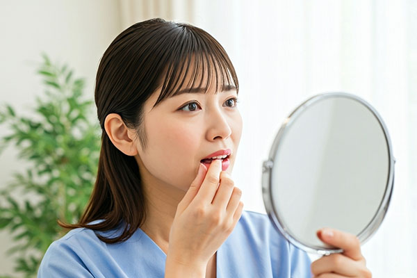 鏡を見て悩んでいる女性