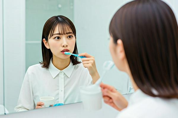 歯を磨いている女性